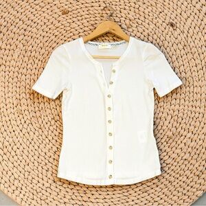 Anthropologie Maeve White Ribbed Tencel Short Sleeve Button Down Shirt Size XS